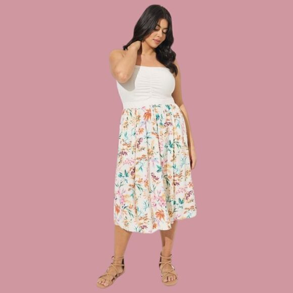 5X 28W Torrid Cream Midi Jersey Challis Sweetheart Tube Dress Floral Strapless - Picture 1 of 8